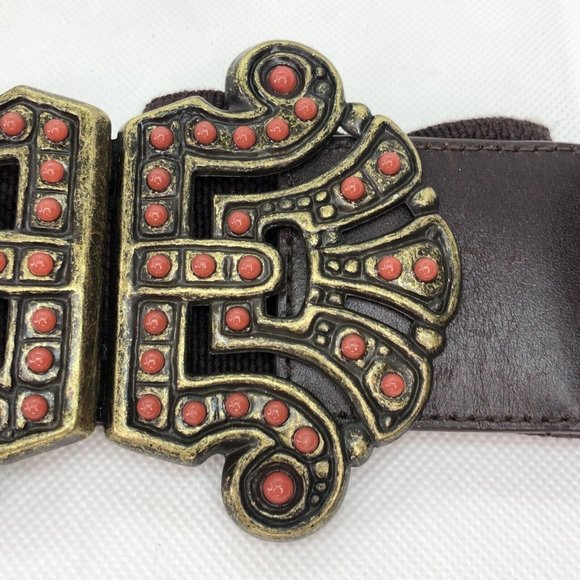 Vintage 90s Y2K Another Line Brown Faux Coral Cluster Elastic Stretch Belt 30" - Picture 5 of 7